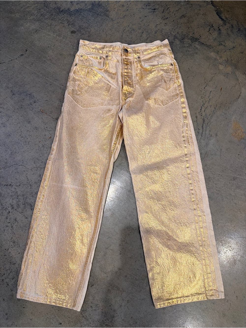 Zara Metallic Gold Foil Straight Leg Jeans Size 4 High Rise Statement Pants
